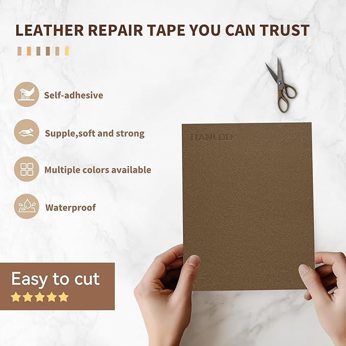 TIANLDD Leather Repair Tape,16 x 80 Inches Self Adhesive Leather Repair Patch，Leather Repair Kit for Furniture，Couches,Car Seats,Cabinets,Handbags(Dark Khaki-Fine Lines)