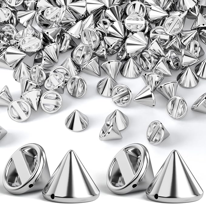 OIIKI 140PCS 12mm ABS Bullet Spike Cone Studs, Rivets Cone Spike Studs Beads, Flat Back Punk Spikes DIY Crafts Studs Glue on Decoration for Clothing Leather Clothes Belt Bag Shoes Jewelry - Silver