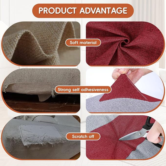 Linen Fabric Repair Tape 2 Pcs 8x12 Inch, Self Adhesive Couch Patch Repair Fabric Tape for Furniture, Linen Patch Kit for Couch, Carpet, Upholstery, Chair, Sofa, Cushion, Bag (Dark Red)