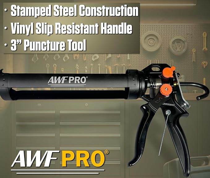 AWF PRO 10 oz Dual Thrust Caulk Gun, 25:1 or 12:1 Thrust Ratio, No Drip, Rotating Barrel, Comfort Grip, with Built-In Puncture Tool