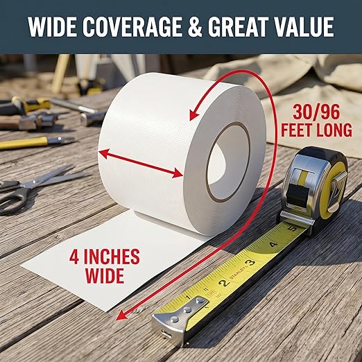 White Repair Tape - 4" x 96 Feet Tent Repair Tape RV Awning Strong Adhesive Waterproof Tarp Repair kit for Indoor/Outdoor Use, RV, Boat Etc.