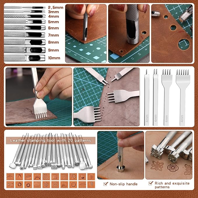 TLKKUE Leather Tooling Kit Leather Craft Tools Leatherworking Kit with Custom Handbag Cutting Mats Engraving Punching Sewing Stamping Sanding Tools for Handicraft Work Professional