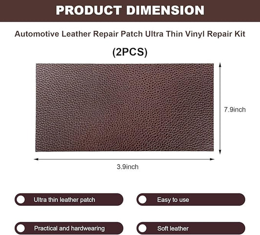 2 PCS Leather Repair Patch Tape, 4 x 8 Inch PU Vinyl Repair Patches for Car Upholstery Seat, Waterproof Self Adhesive Leather Tape Repair Kit for Furniture Couches Chairs (Dark Brown)