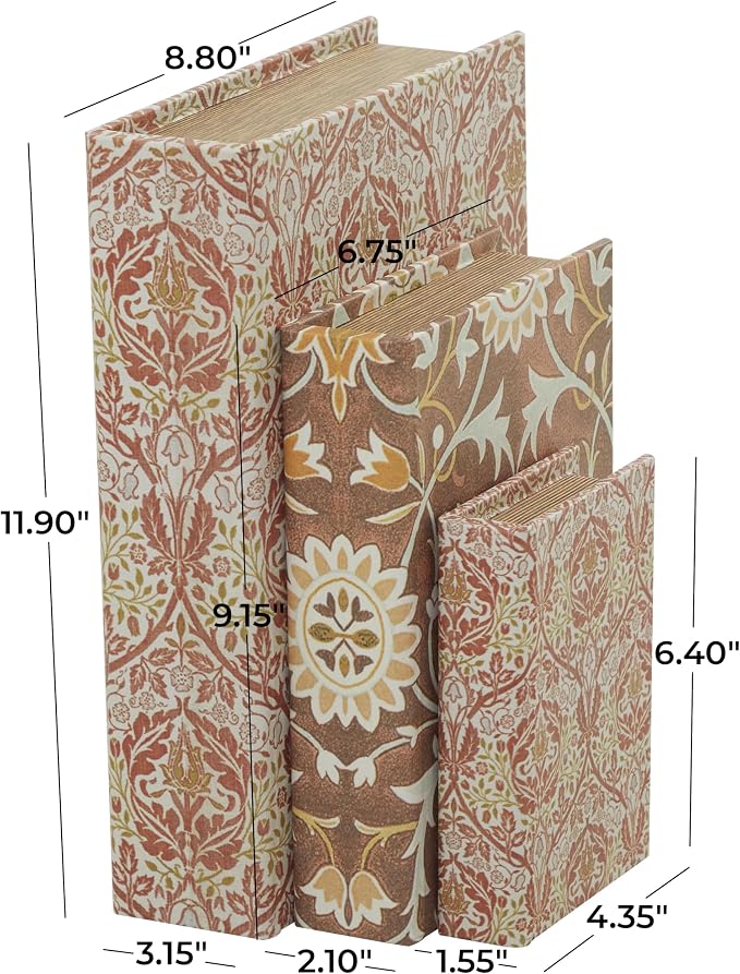 Deco 79 Faux Leather Decorative Box Faux Storage Book Book Shaped Boxes with Cream Floral Patterns, Set of 3 Decorative Keepsake Boxes 12", 9", 6"H, Orange