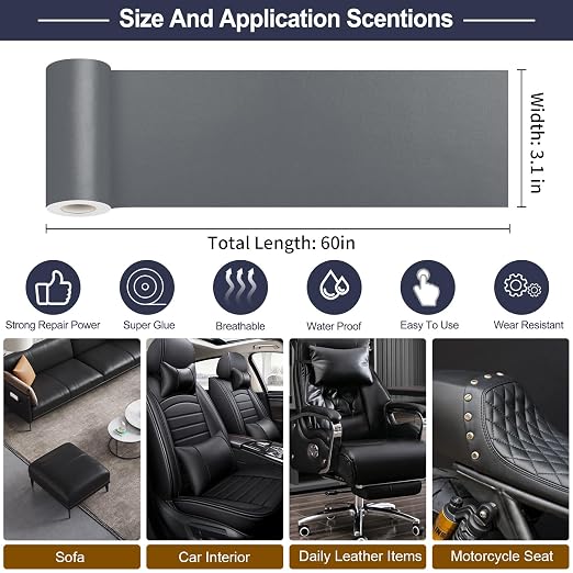 Leather Patches for Furniture,Self Adhesive Leather Repair Patch,Leather Patch Tape kit for Couch,Car Seat,Motorcycle seat,Loveseat (Grey, 3.1"x 60"(Fine-Grained))