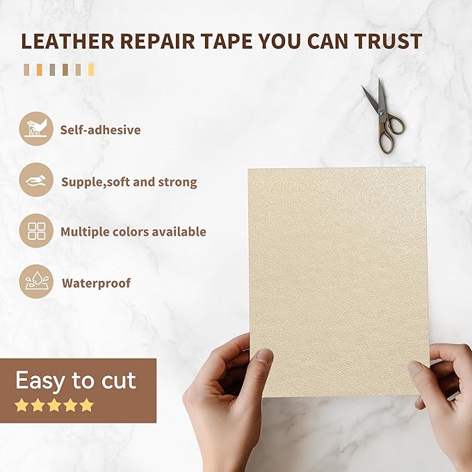TIANLDD Leather Repair Tape,3.5 x 80 Inches Self Adhesive Leather Repair Patch，Leather Repair Kit for Furniture，Couches,Car Seats,Cabinets,Handbags(Beige-Fine Lines)