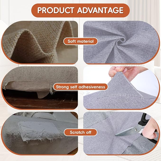 Linen Fabric Repair Tape 4.7x63 Inch, Self Adhesive Couch Patch Repair Fabric Tape for Furniture, Linen Patch Kit for Couch, Carpet, Upholstery, Chair, Sofa, Cushion, Bag (Light Grey)