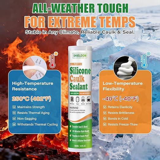 SHIELDOM Silicone Caulk for Kitchen & Bathroom, Clear Silicone Sealant 100% Waterproof Caulk & Seal with Caulking Tool Stronger Adhesion, Shrink & Crack Proof All Purpose for Window, Door & More 14 oz