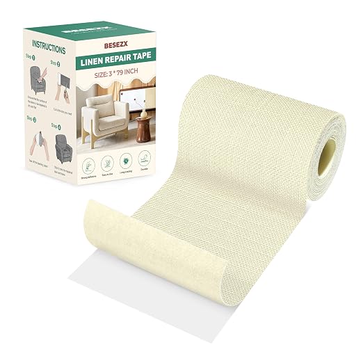 BESEZX Linen Fabric Repair Tape, 3x79 Inch Self Adhesive Repair Patches, Couch Fabric Tape for Furniture, Sofa, Chair, Upholstery.(Off White)