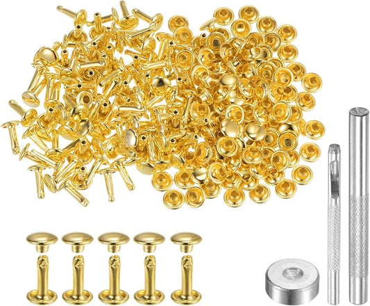 HARFINGTON 100 Sets Leather Rivets 10 x 7mm Metal Double Cap Rivet Snaps Studs Fasteners with 3pcs Setting Tools Rivets for Leather Craft DIY Repair Decoration, Gold Tone