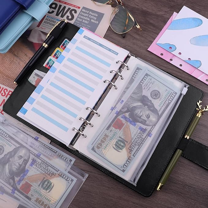 Antner A6 PU Leather Notebook Binder Refillable 6 Ring Budget Binder for A6 Filler Paper, Loose Leaf Personal Planner Binder Cover with Magnetic Buckle Closure, Black