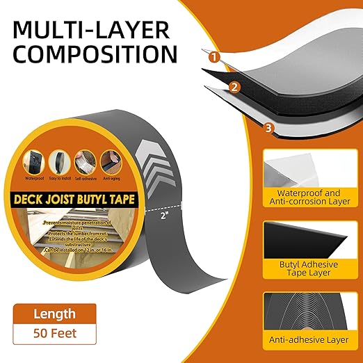 Butyl Joist Tape for Decking 2''×50', 4 Rolls Weather-Resistant Deck Joist Tape 2 inch, Waterproof and Anti-Corrosion Joists Deck Tape,Self-Adhesive Flashing Joists Tape for Wood Decks Beams Roof