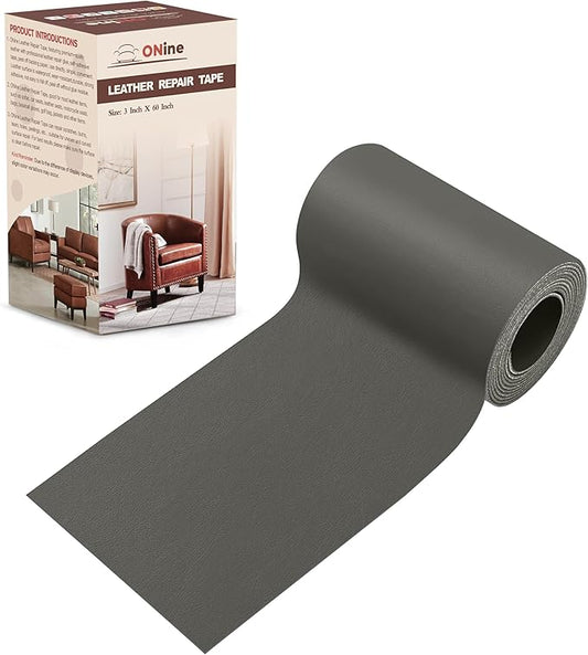 ONine Leather Repair Patch，Leather Repair Tape, 3 x 60 inches Leather Repair Patch for Furniture,Vinyl Repair Kit，Leather Couch Patch，for Sofas, Furniture, Car Seats, Office Chairs(Gray)