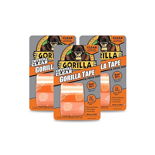 Gorilla Crystal Clear Duct Tape, 1.5" x 5 yd, Clear, (Pack of 3)