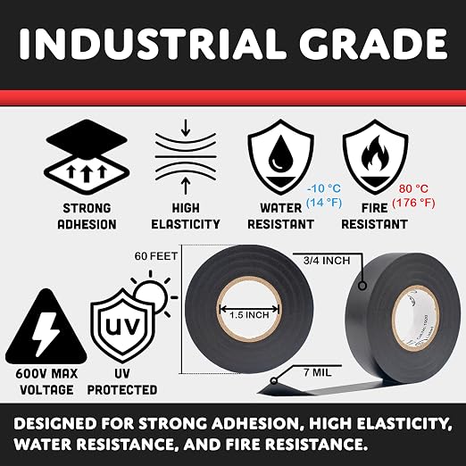 TradeGear Colored Electrical Tape - PVC General Purpose - Waterproof, Flame Retardant, Rubber Based Adhesive, UL Listed - Rated for Max. 600V and 80oC Use – 60’ x 3/4" x 0.07" (1 Pk Red)