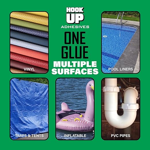HOOK UP Vinyl Cement – Waterproof Pool Liner Repair Glue for Vinyl & PVC, Fast-Drying Flexible Contact Cement for Inflatables, Air Mattresses, Boats, Tarps, Hot Tubs & Pool Patch Repairs (8 oz)