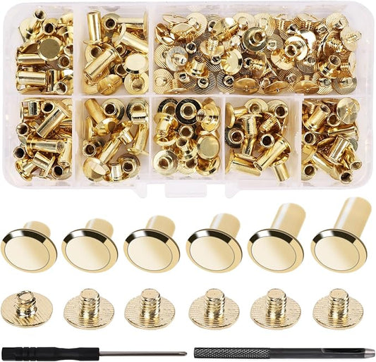110 Sets Chicago Screws, Leather Rivets with 2 Pcs Tool Kit, Assorted Screw Rivets Binding Kit for Metal, Used for Leather Crafts, Clothing, Bag, Shoes, Purse, Belt Decorate & Repair (Gold)