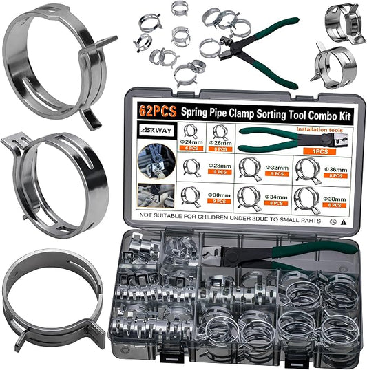 Automotive spring hose clamps 24-38 mm, 62 pcs fuel coolant pipe clamp tools in 8 sizes, used to fix hose interfaces in automotive, marine, gardening, and industrial applications