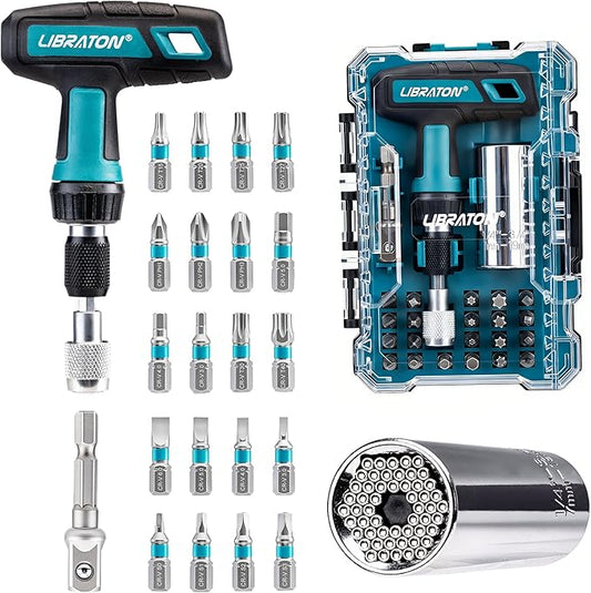 LIBRATON 24PCS Universal Socket & Ratchet T-Handle Screwdriver Set with Multi Bit Set, Magnetic Ratcheting Handle, Socket Adapter, with Storage Case, for DIY, Auto Repair
