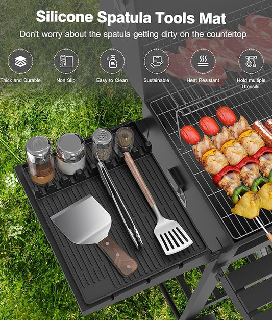 Silicone Grill Mat Compatible with Blackstone, BBQ Griddle Tools Mat with Drip Pad, Large Spatula Holder for Outdoor Kitchen Counter, Gifts for Men (Black)