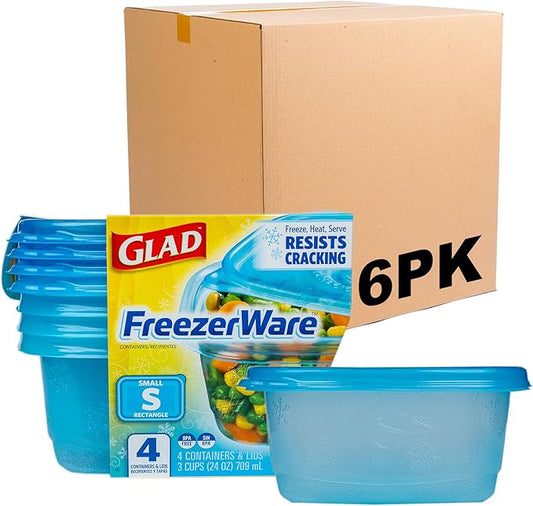 Glad GladWare FreezerWare Food Storage Containers with Lids, Small Rectangle BPA Free Plastic for Freezing Soups and Meal Prep, Crack Resistant, Microwave Dishwasher Safe, 24 Oz, 4 Count - 6 Pack