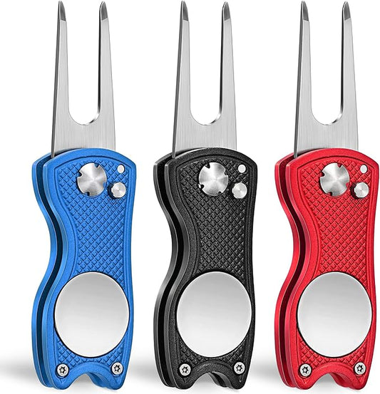 Mile High Life Golf Divot Repair Tool, All Metal Foldable Divot Tool with Pop-up Button & Magnetic Ball Marker, 2-6 Pack