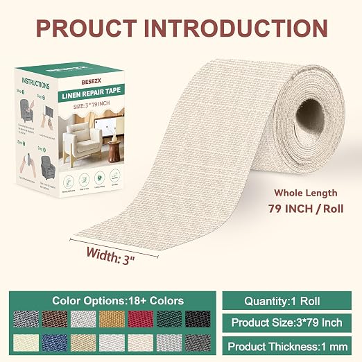 Besezx Linen Fabric Repair Tape, 3x79 Inch Self Adhesive Repair Patches, Couch Fabric Tape for Furniture, Sofa, Chair, Upholstery.(Beige)