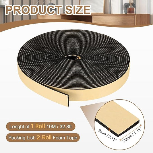 PATIKIL Foam Insulation Tape, 2Pcs 1-3/16" W x 1/8" t x 32.8FT Self Adhesive Weather Stripping Door Seal Strip for Door Window Air Conditioning, Black