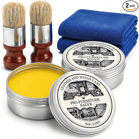 2PC Wood Repair & Furniture Salve - Leather Furniture Salve & Brush Set, Leather Couch Conditioner for Wood & Leather Conditioner, with Furniture Wax, Prevents Cracking & Fading
