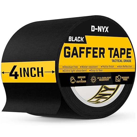 D-NYX Gaffer Tape 4 Inch x 1 Pack Black Gaff Tape, Matte Finish Non-Reflective Real Professional Grade Black Gaffer Tape, Waterproof, No Residue Multipurpose Heavy Duty Gaffers Tape