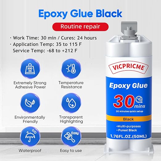 Vicpricme Plastic Glue,2 Part Epoxy Glue Black, 1.76oz Syringe, Waterproof Plastic Weld Adhesive, can Bond Metal, Plastics, Wood, Ceramics, is The Best Golf Club Epoxy Resin Crack Repair Glues (3)