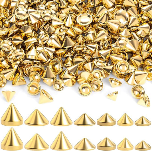 OIIKI 140PCS ABS Bullet Spike Cone Studs, 7 Styles Rivets Cone Spike Studs Beads, Flat Back Punk Spikes DIY Crafts Studs Glue on Decoration for Leather Clothes Belt Bags Jewelry Trims - Gold