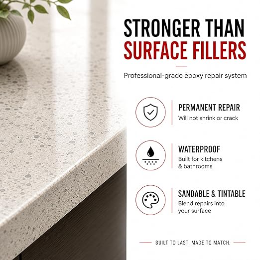 Instant Install 29-20 oz Epoxy Permanent Repair Kit - Granite, Marble, Porcelain, Quartz, & Tile - Chips/Cracks - Rebonds/Rebuilds Missing Pieces - Dry in 29 Minutes - Tintable with EZ-Tint