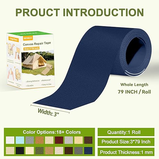 Besezx Canvas Repair Tape,Outdoor Gear Patch, 3x79 Inches,Waterproof Self-Adhesive Fabric Repair Tape for Repairing Boat Covers,Sun Shades,Sofas,Tents,Lounge Chairs,Awnings (Dark Blue)
