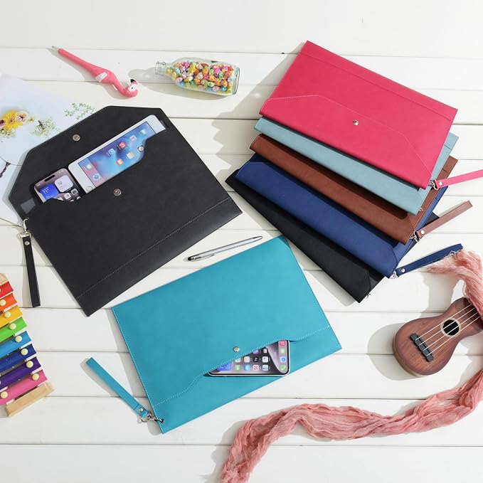 Wonderpool Envelope Case A4 PU Leather File Jacket Pocket Folder Document Case Bag with Removable Hand Strap and 4 Pocket for Documents Tablet Phone Stationery (Plum red)