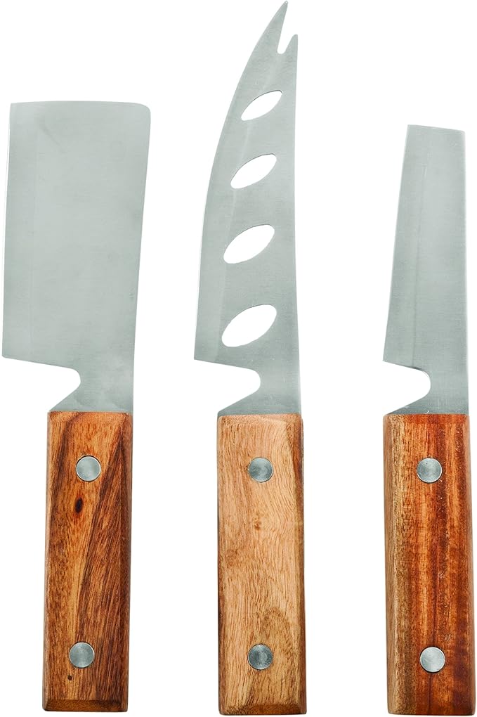 Twine Rustic Cheese Knife Set - Stainless Steel Knife Set - Charcuterie Tools Cheese Board Accessories - Stainless Steel and Wood, Set of 3