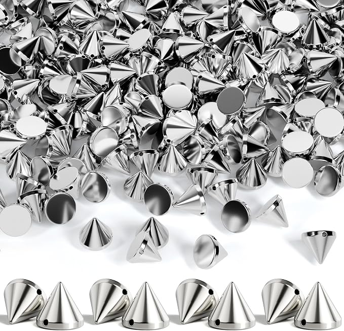 OIIKI 240PCS 8mm ABS Bullet Spike Cone Studs, Rivets Cone Spike Studs Beads, Flat Back Punk Spikes DIY Crafts Studs Glue on Decoration for Leather Clothes Belt Bag Shoes Jewelry Trims - Silver
