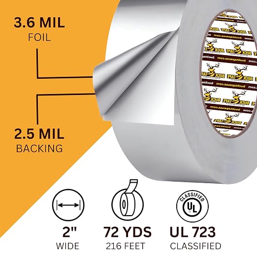 6 Pack Buck Aluminum Foil Tape – 3 Inch x 216ft (72 yd), 3.6 Mil – HVAC Tape for Ductwork, AC, Dryer Vents & Insulation – Silver Foil Tape for Metal Repair, Exhaust Sealing & Air Conditioning