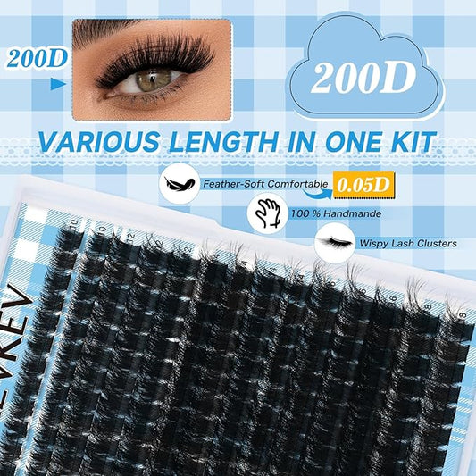 KEVKEV Lash Extension Kit 182pcs Volume Lash Clusters 200D Lash Clusters Kit 10-18mm Individual Lashes Kit With Lash Bond And Seal,Lash Tweezers Thick Lash Extension Kit DIY At Home(0.05D,200DD)