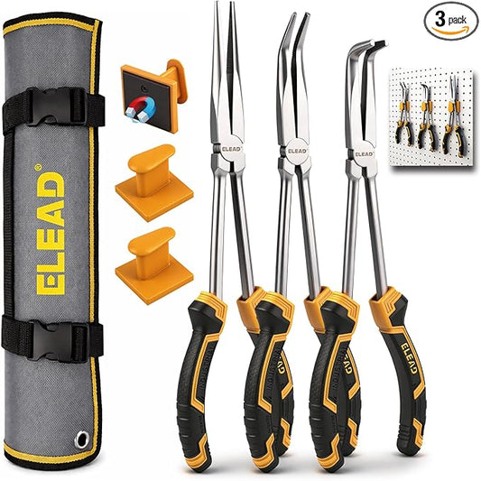 3-Piece 11 Inch Long Reach Pliers Set with 3 Magnetic Plier Racks, Extra Long Needle Nose Pliers Set Includes Straight, 45° & 90° Bent Nose Plier, Pliers Tool Set for Tight Spaces
