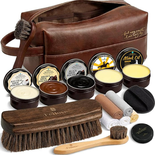 Shoe Care Kit – 16-in-1 Leather Shoe Polish, Cleaning & Conditioning Kit with Saddle Soap & Mink Oil – Black/Brown/Neutral Shoe Polish, 3 Horsehair Brushes – Premium Storage Bag – Gift for Men & Women