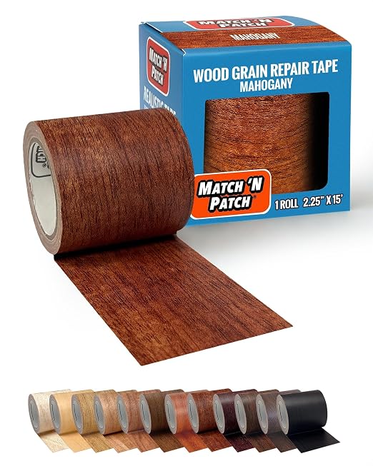 MATCH 'N PATCH Wood Grain Repair Tape - Mahogany, 2.25 in x 15 ft (1-Pack) – Wood Grain Colored Duct Tape for Mirror Frame, Trim, Borders, Floor and Other Furniture, Scratch Repair Kit