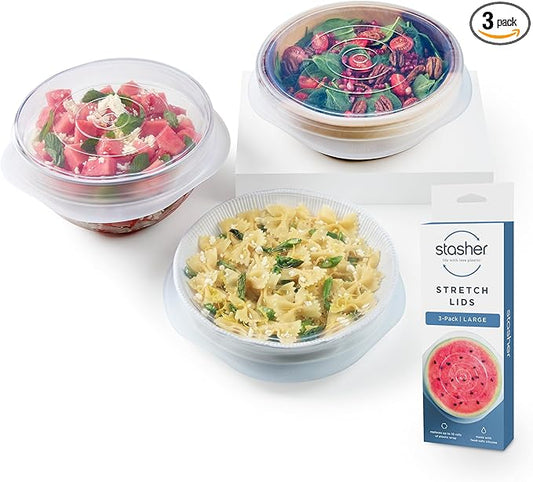 Stasher Premium Reusable Silicone Stretch Lids, Clear, 3pk of 9” Lids, Airtight Seal, Food Container Covers, BPA Free, Leak-free, Dishwasher Safe, Microwave Safe, Eco-Friendly