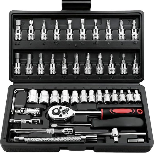 Egofine 46 Pieces 1/4 inch Drive Socket Ratchet Wrench Set, with Bit Socket Set Metric and Extension Bar for Auto Repairing and Household, with Black Storage Case