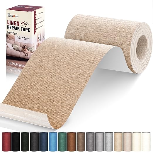 Cahomo Linen Repair Tape 4x79 inch, Self Adhesive Linen Fabric Patches, Linen Fabric Patch Tape Kit, Fabric Repair Tape for Linen Sofas, Headboards, Chairs, Pillows, Curtains - Dark Beige
