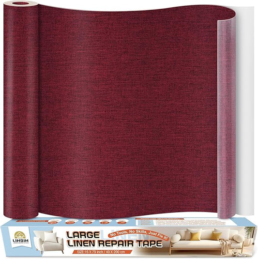 Linen Fabric Repair Tape 16x79 Inch, Self Adhesive Couch Patch Repair Fabric Tape for Furniture, Linen Patch Kit for Couch, Carpet, Upholstery, Chair, Sofa, Cushion, Bag (Burgundy)