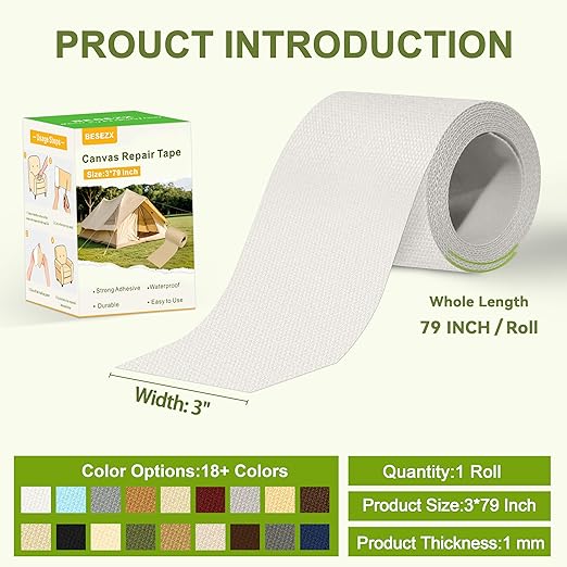 Besezx Canvas Repair Tape,Outdoor Gear Patch, 3x79 Inches,Waterproof Self-Adhesive Fabric Repair Tape for Repairing Boat Covers,Sun Shades,Sofas,Tents,Lounge Chairs,Awnings (Off White)