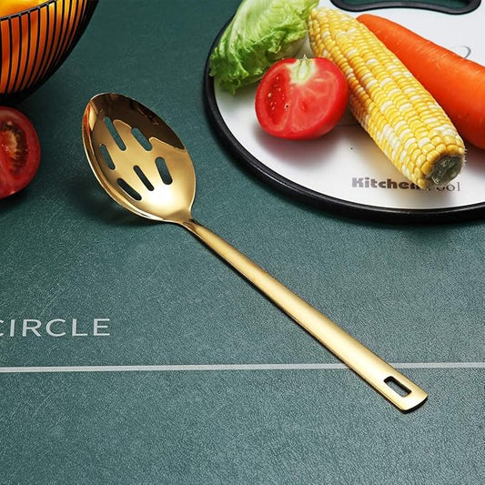 Gold Cooking Spoon, Berglander Stainless Steel Slotted Spoon Titanium Gold Plating, Kitchen Serving Basting Spoon For Cooking, Dishwasher Safe, Easy to Clean