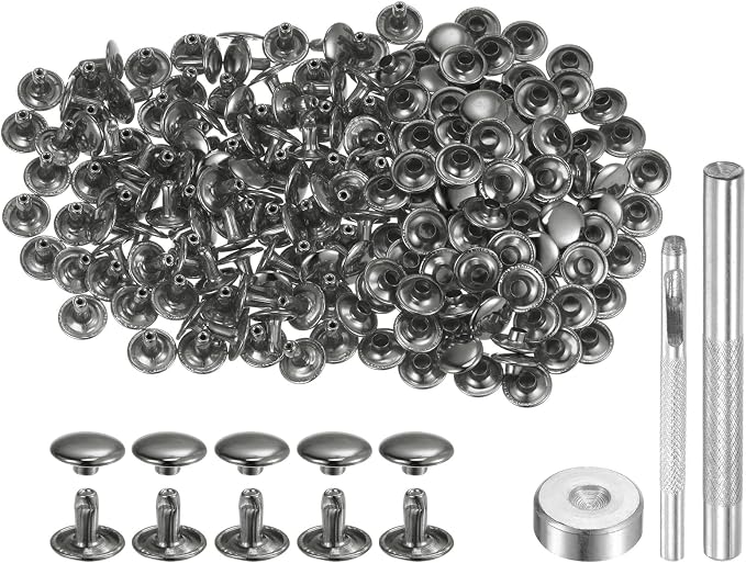 HARFINGTON 100 Sets Leather Rivets 8 x 10mm Metal Double Cap Rivet Snaps Studs Fasteners with 3pcs Setting Tools for Leather Craft DIY Repair Decoration, Gunmetal