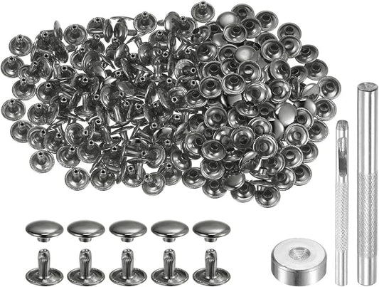 HARFINGTON 100 Sets Leather Rivets 8 x 10mm Metal Double Cap Rivet Snaps Studs Fasteners with 3pcs Setting Tools for Leather Craft DIY Repair Decoration, Gunmetal